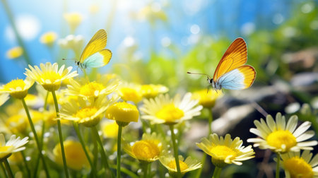 Beautiful summer background with field of wild flowers and flying butterfliesの素材