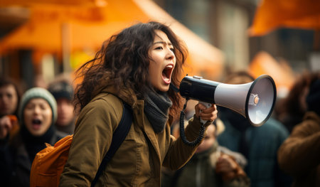 Furious protester shouting on megaphone. Human rights. Activism concept.の素材