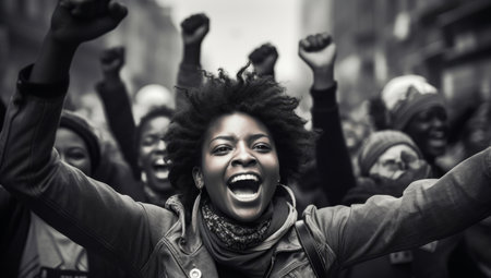 Happy african american protester raising fist. Human rights. Activism concept.の素材