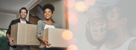 Walking, mockup or happy couple with boxes in new home for investment, property or real estate. Interracial, bokeh or excited man with a biracial woman in a house with loan success, goal or securityの写真素材
