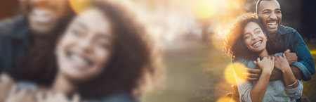 Nature, happiness and couple hug, relax and morning care, wellness and freedom on outdoor holiday, vacation or travel. Mockup space, love bond and banner man, woman or people hugging, smile or laughの写真素材