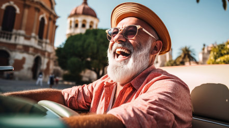Portrait of happy rich senior man smiling while driving while on vacation or holidayの素材