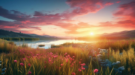 Summer sunset or sunrise landscape with a plain wild field and a lake on backgroundの素材
