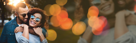 Happy holiday, hug or nature couple bonding, commitment or care for trendy girlfriend, stylish boyfriend or romantic partner. Natural mockup space, glasses or park banner man, woman or people embraceの写真素材