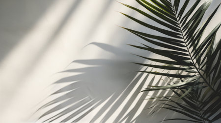 White wall background with palm tree leaves and blurred shadows and copy spaceの素材