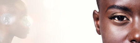 Beauty, eyes and African woman with mockup space for advertising, makeup promotion and banner. Skincare overlay, dermatology and portrait of person with cosmetics, glamour or glow on white backgroundの写真素材