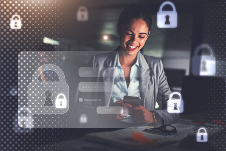 Business woman, lock hologram and cyber security for web, phone and pin on mobile app for banking. Data protection, typing password and safety from scam, phishing and malware with software in officeの写真素材