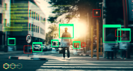 Face recognition, man in street and identity with biometric, surveillance and code for technology innovation in city. Network, security and future, ai overlay with info and frame, privacy and UIの写真素材