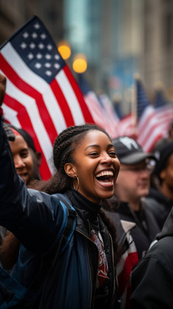 Happy american protester waving flag. Human rights. Activism concept.の素材