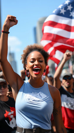 Happy african american protester raising fist. Human rights. Activism concept.の素材