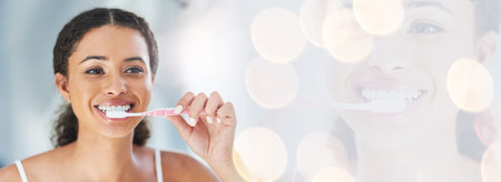 Happy woman, brushing teeth and smile for banner or dental hygiene, morning routine or bokeh. Female person or model cleaning mouth, oral and gum care with toothbrush or double exposure mockupの写真素材