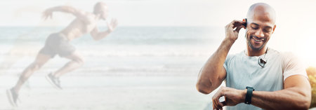 Man, watch and fitness tracker on banner in running, exercise or monitoring outdoor training. Male person checking wristwatch for workout performance with overlay in sports double exposure or mockupの写真素材