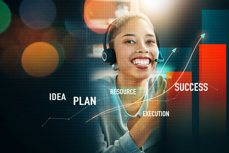 Happy woman, call center and trading for advice on investment, planning or profit on overlay at...