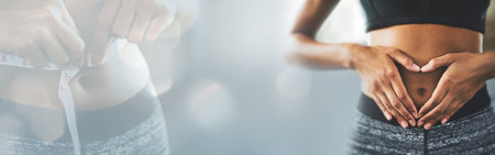 Fitness, heart hands on stomach with a person on banner mockup for weightloss, diet or nutrition. Exercise, wellness and emoji on the tummy or belly of an athlete against space for health trainingの写真素材