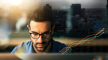 Man, computer and stock market double exposure in trading, data analytics and night sales, profit or...
