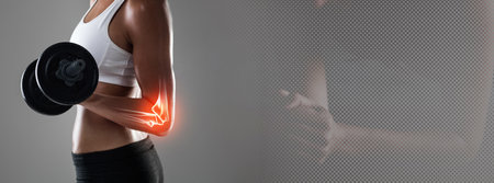 Woman, hand and dumbbell on mockup for weightlifting, fitness or workout on banner for sports motivation. Closeup of female person or body builder lifting weight for exercise, strength or muscle gainの写真素材