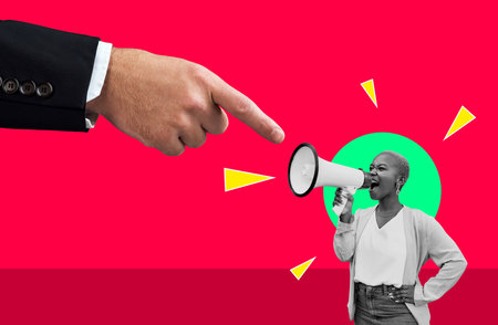 Woman, megaphone and protest art by red background for human rights, power and solidarity for equality. Hand overlay, support and point with oppression, goals or government compliance with opinionの写真素材