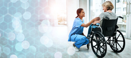 Patient with disability, nurse and advice in hospital for healthcare, wellness and medicare. Medical professional, bokeh and overlay in mockup, physiotherapy and happy for discussion or consultingの写真素材