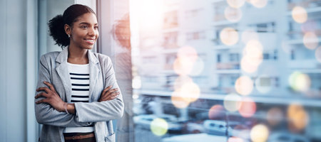 Black woman, office and arms crossed with confidence, leadership and city buildings in bokeh....