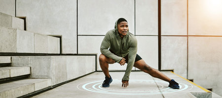Exercise, hologram and flare with a man stretching on stairs in the city for the start of his...