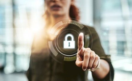 Hand point, lock hologram and cyber security with safety, pin and app with biometric on web. Data protection, press and password to stop scam, phishing and malware with woman fingerprint in officeの写真素材