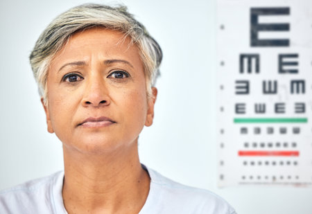 Senior woman, patient and serious portrait and vision test at healthcare, hospital and clinic....