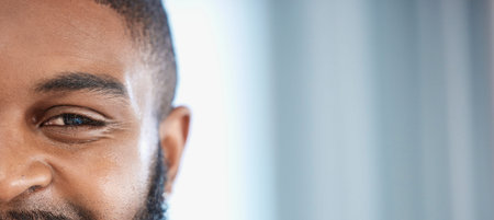 Half face, eye and a black man with mockup for cosmetics, skincare or glow. Banner, happy and a...