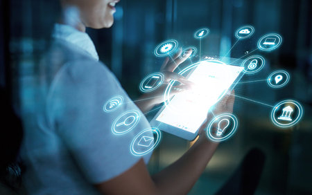 Hologram, tablet and person at night for social media, website and online app mockup. Business, dark...