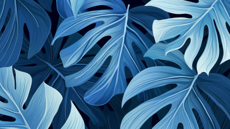 Blue tropical summer plant leaf seamless pattern. Monstera leaves background illustration.の素材