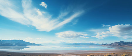 Wide view of lake. Cloudy blue-sky. Background concept.の素材