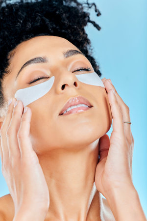 Relax, woman face and under eye patch for skincare hydration glow, beauty self care or feel...