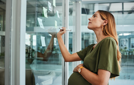 Pregnant business woman, writing and glass for plan, sticky note or thinking for vision, idea or...