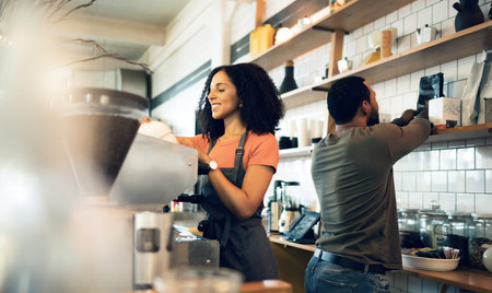 Happy woman, barista and coffee at cafe for service, beverage or preparation by counter at store....