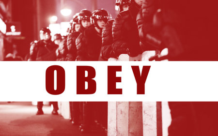 Riot, police and overlay with warning from army, military or government to obey, law or barrier to...