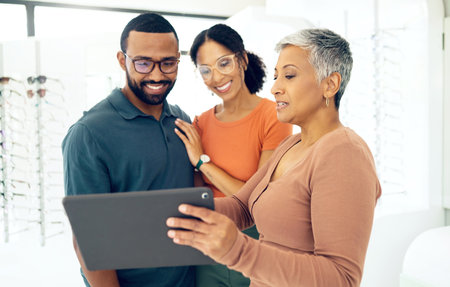 Tablet, optometry and woman with patients in a store for spectacle frame browsing on the internet. Consultation, digital technology and optometrist with people for choosing glasses in optical clinic.の写真素材
