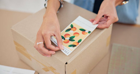 Online order, label sticker and woman hand with small business in fashion with delivery and cardboard box. Stock, startup and sales of ecommerce and boutique at home of a entrepreneur with packageの写真素材