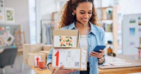 Woman, boxes and phone for office e commerce, logistics and stock management, online shopping or...