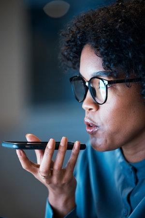 Woman, smartphone and recording at work, talking and conversation for communication, online or job....