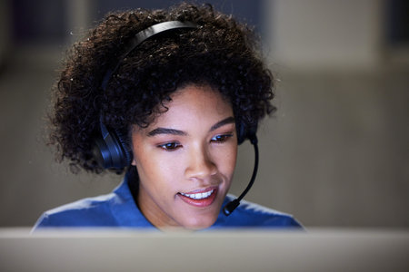 Computer, call center face and business woman for customer care, lead generation and consulting for...
