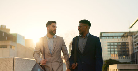 City, men and walking with business people, hug and lens flare with professional, speaking and...