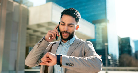 City, phone call and business man with time or check watch for schedule, job opportunity and travel...