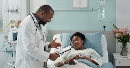 Check, patient and doctor in hospital, clinic or healthcare with sick black woman healing or talking...