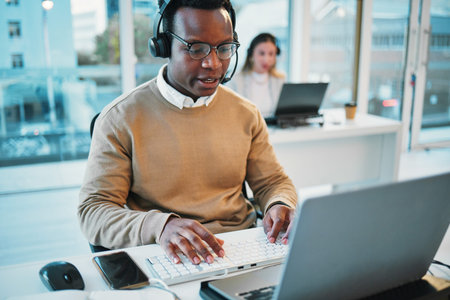 Business man, call center and typing on computer for communication, customer support and advice in...