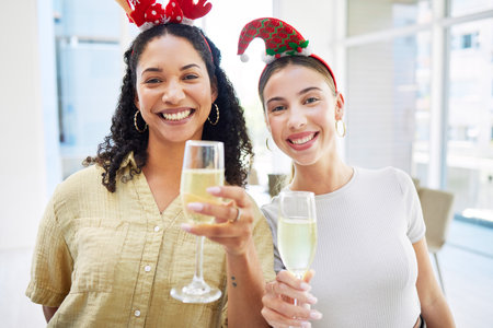 Women friends, champagne and portrait in office at Christmas, party and celebration drink with cheers together. Excited girl, xmas and glass for alcohol, sparkling wine and happy at event for holidayの写真素材