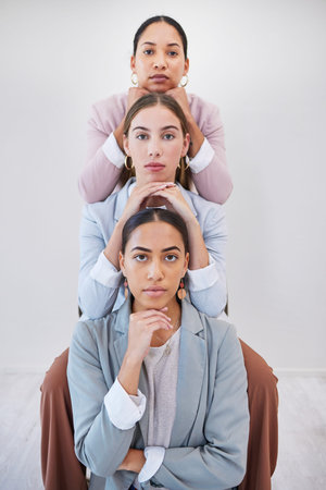 Row, startup and portrait of business women in office for empowerment, teamwork and collaboration....