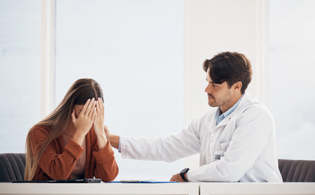 Support, sad woman or doctor counselling with results, medical test exam or cancer diagnosis. Depression, bad news or patient consulting a therapist for healthcare advice, empathy or help in hospitalの写真素材