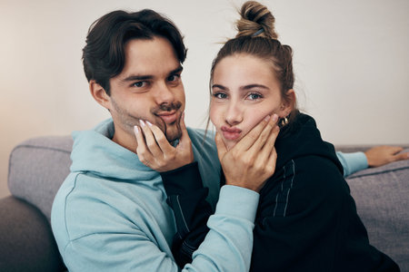 Relax, cute and portrait of couple on sofa for bonding, healthy relationship and love in living...