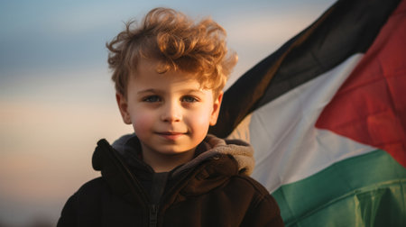 Child with Palestine flag. Symbol for patriotism, freedom, and growth conceptの素材