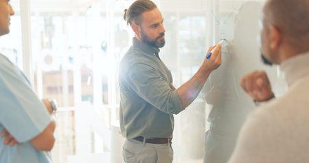 Business people, brainstorming or man writing on board for coaching, learning or mentorship advice....