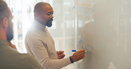 Business people, presentation or black man writing on board for coaching, learning or mentorship advice. Marketing training, manager or leader teaching ideas for strategy, mission or team planningの写真素材